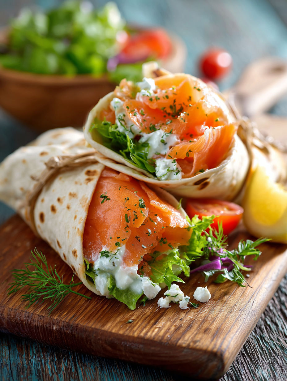Un sandwich de saumon et salade sur une planche de bois.