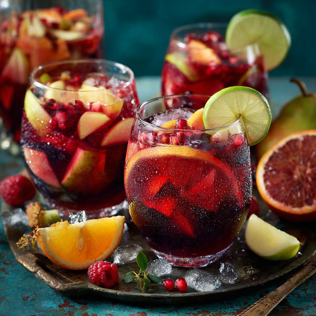 Un verre de sangria avec des fruits frais et des limes.