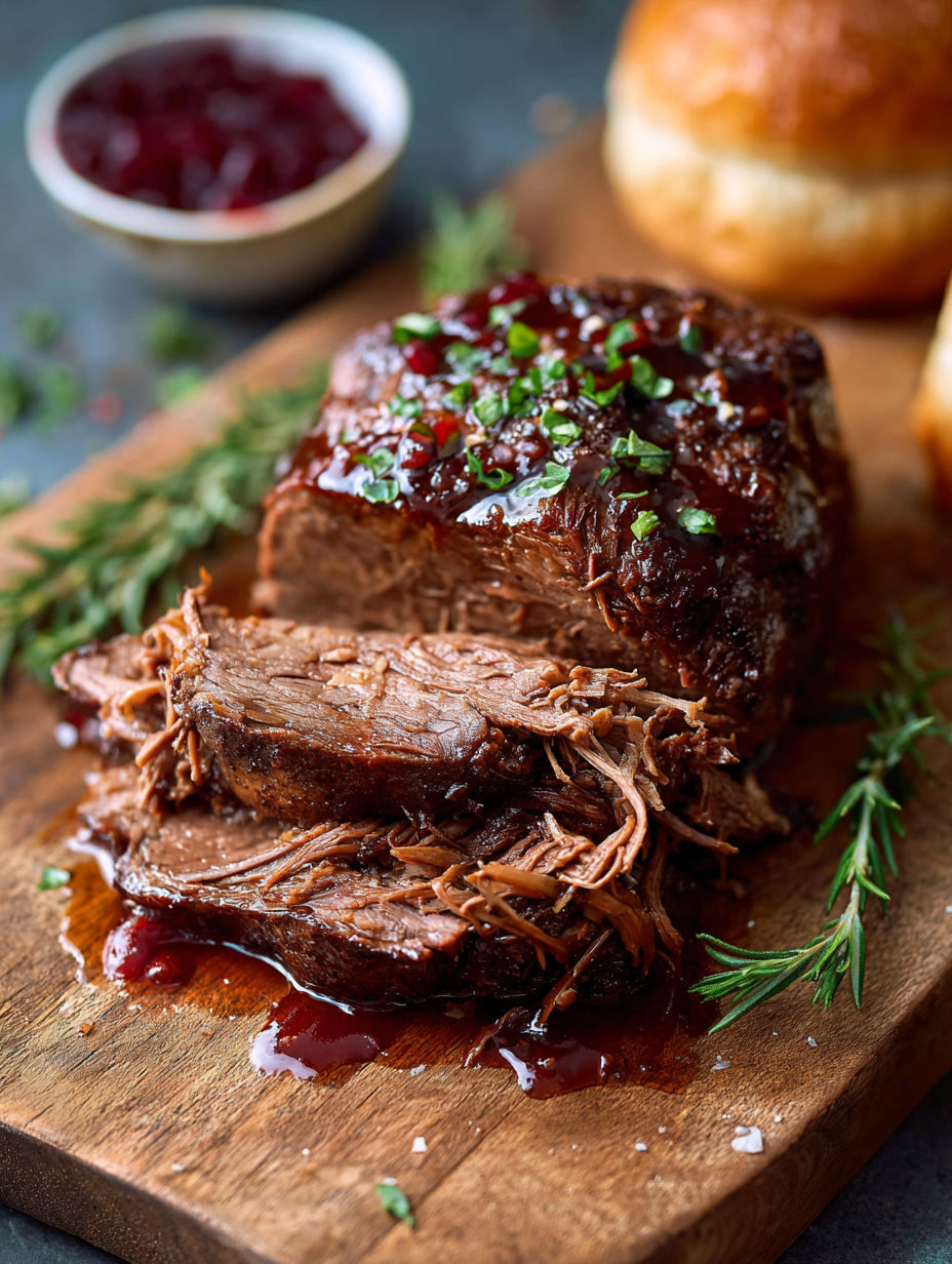Un délicieux steak grillé avec des herbes et des sauces sur un plateau de bois.