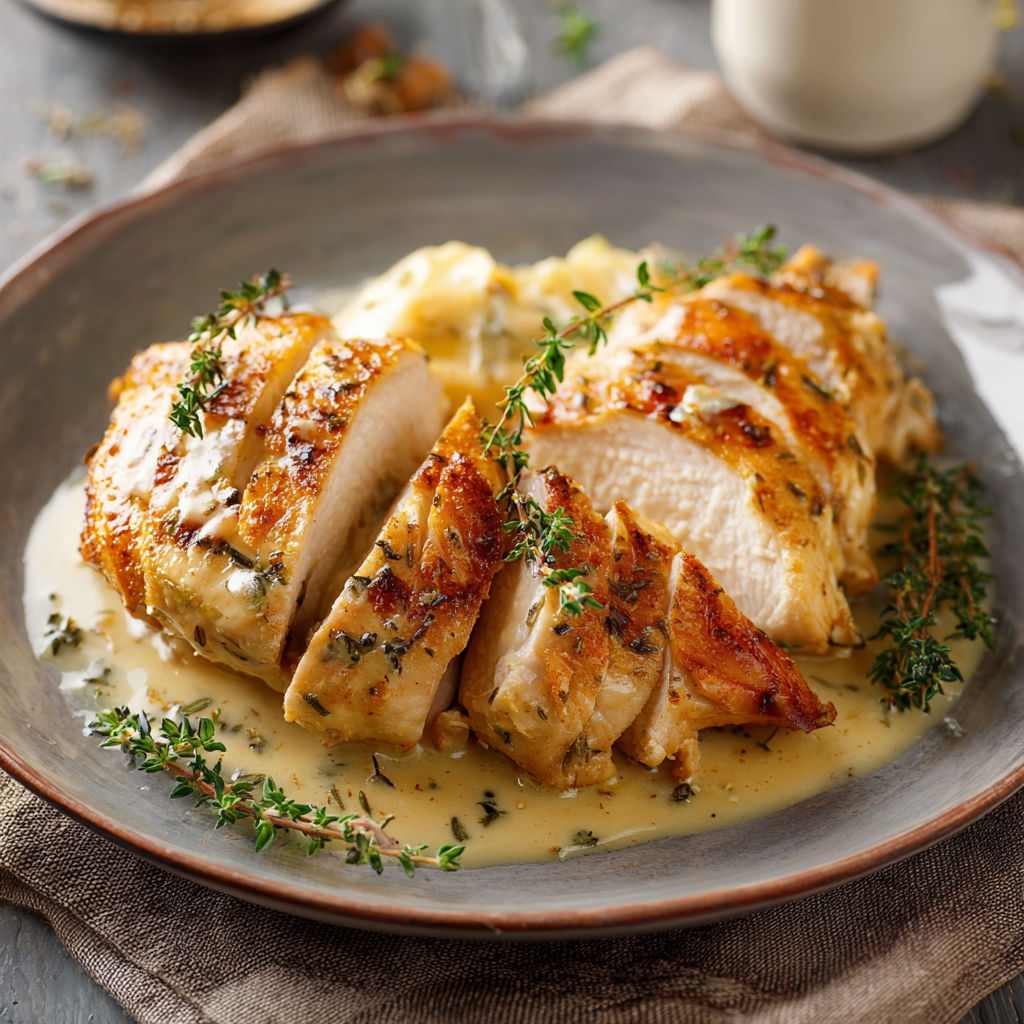 Une poitrine de poulet grillée avec des herbes et des légumes, accompagnée d'une sauce au yaourt.