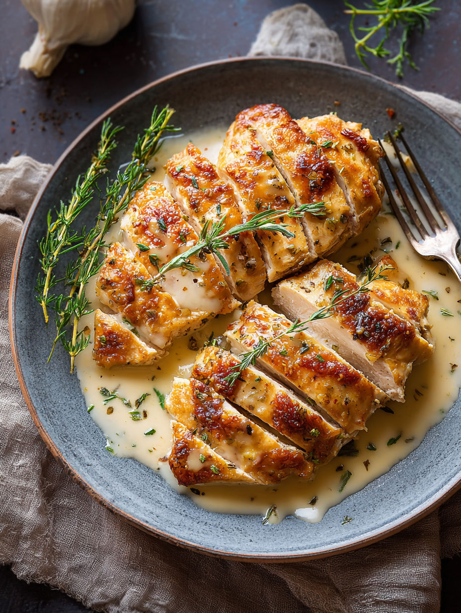 Une poignée de herbes fraîches sur un plat de poulet grillé.