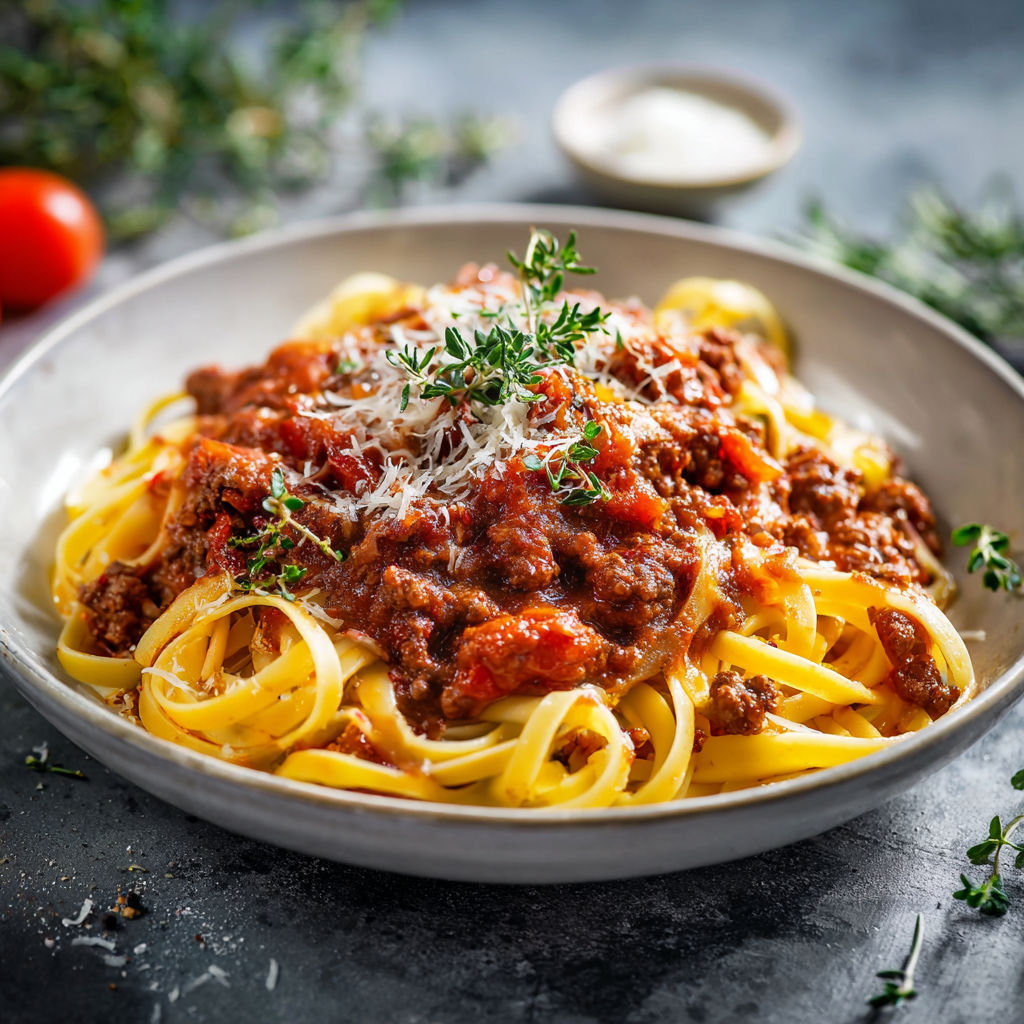 Une recette de sauce bolognaise est servie dans un plat en pâte.