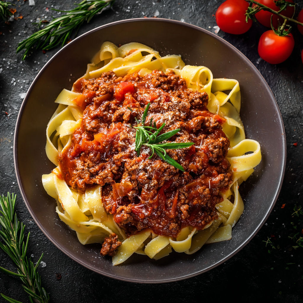 Une recette de spaghetti bolognaise est servie sur un plateau.