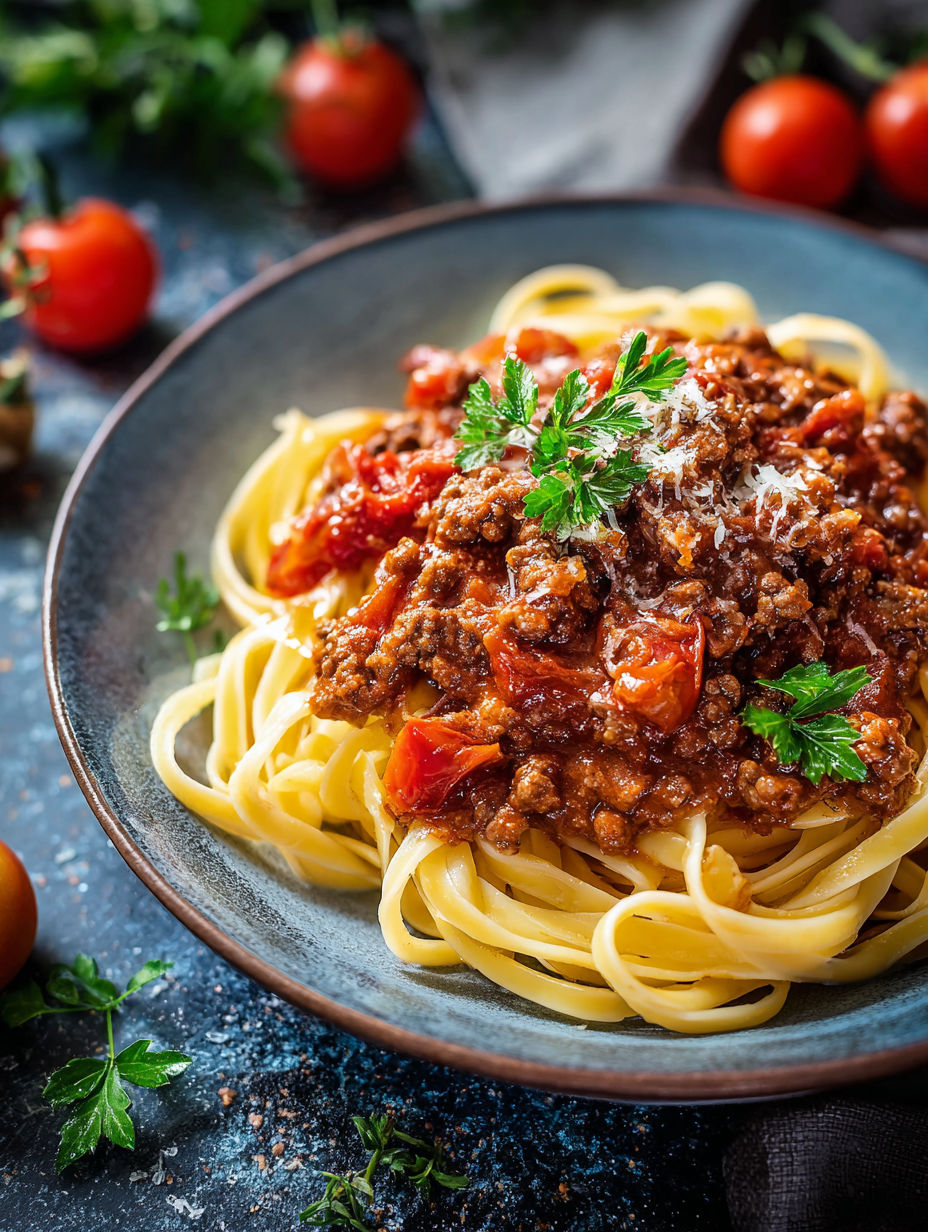 Une recette de spaghetti bolognaise est servie sur un plateau.