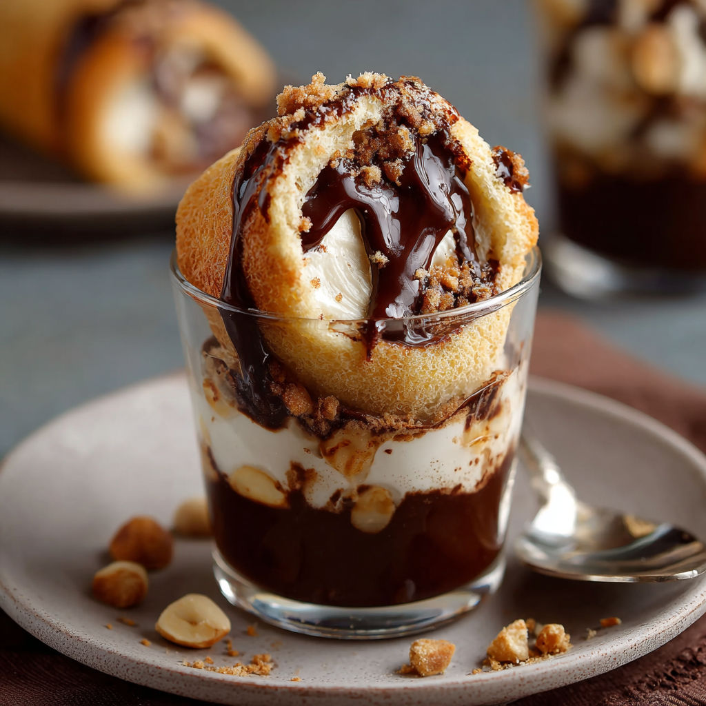 Une délicieuse crêpe sucrée et salée, garnie de chocolat fondu, de noix et de croutons de marron, dans un verre transparent.