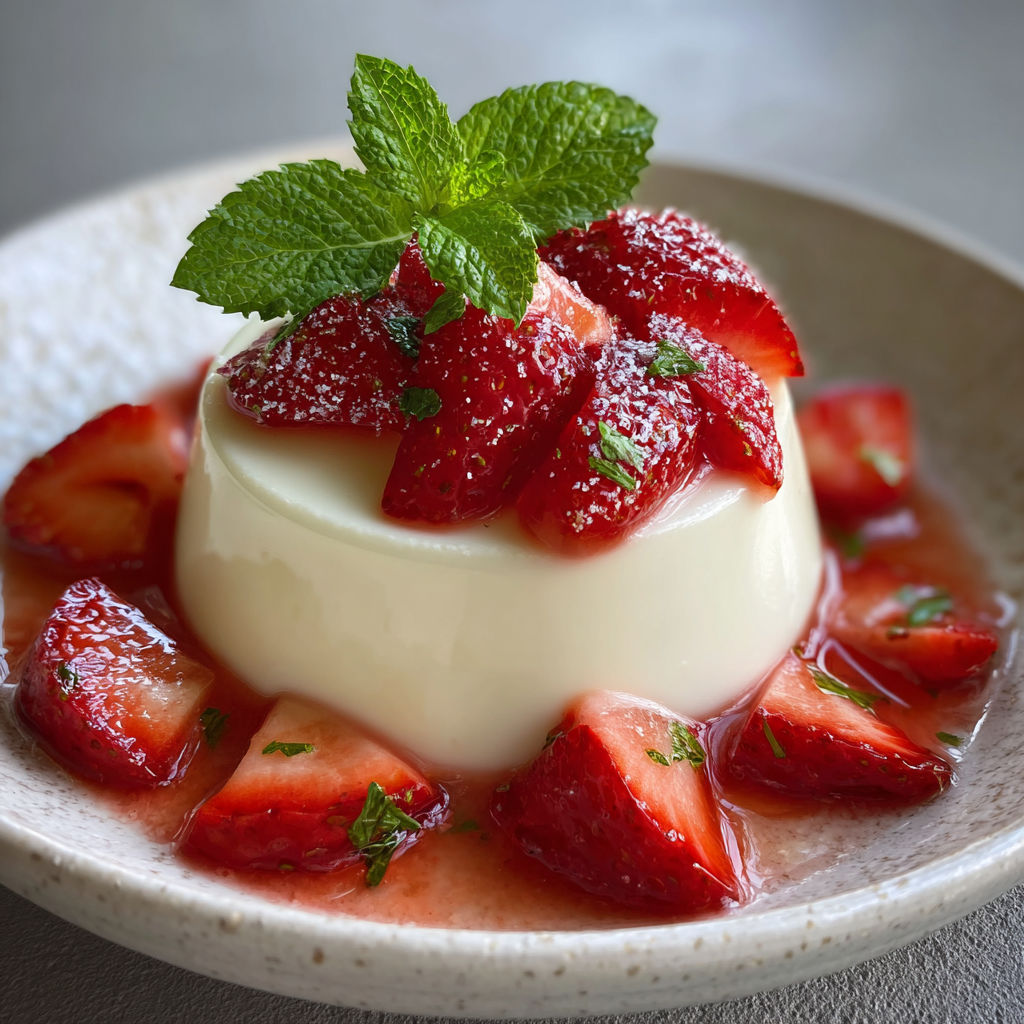 Une tarte aux fraises et à la menthe, garnie de fraises fraîches et de menthe fraîche, est servie sur un plateau.