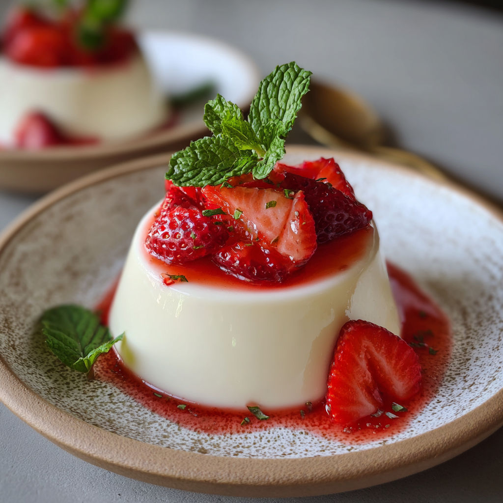 Une tarte aux fraises et à la crème, garnie de mints, est servie sur un plateau en céramique.