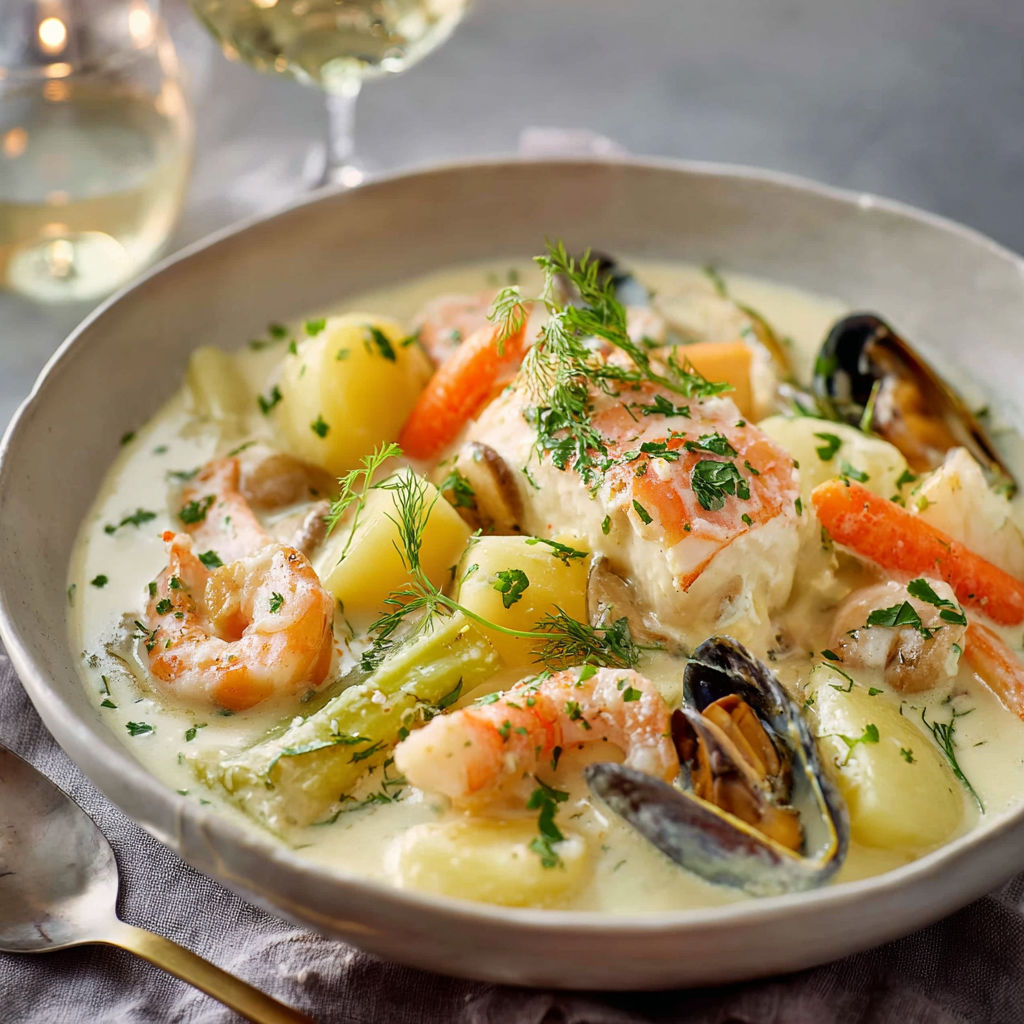 Une blanquette de poisson et des légumes, accompagnée d'une bouteille de vin blanc.