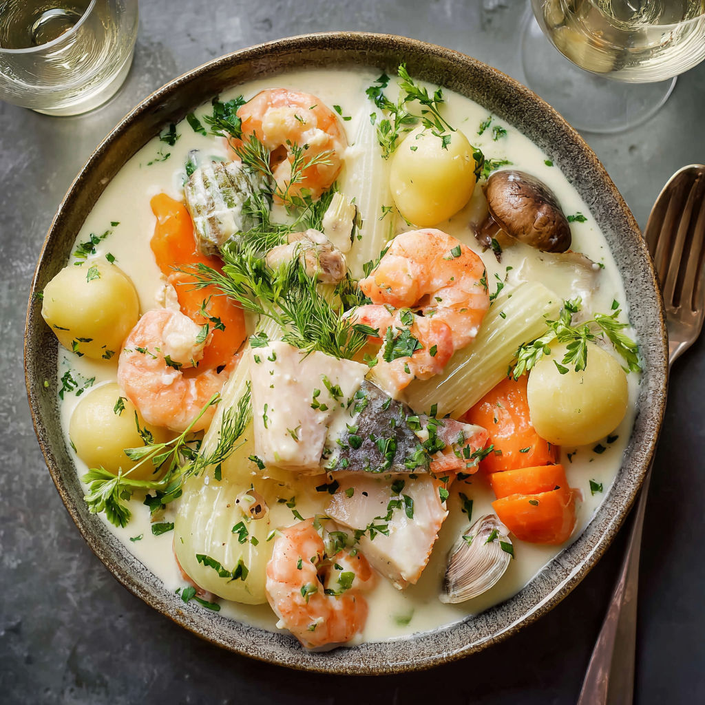 Une recette de bouillabaisse avec des légumes et des fruits de mer.