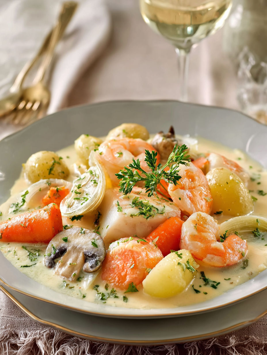 Une assiette de poisson et légumes, avec des carottes, des oignons et des champignons, sertie d'une sauce au beurre.