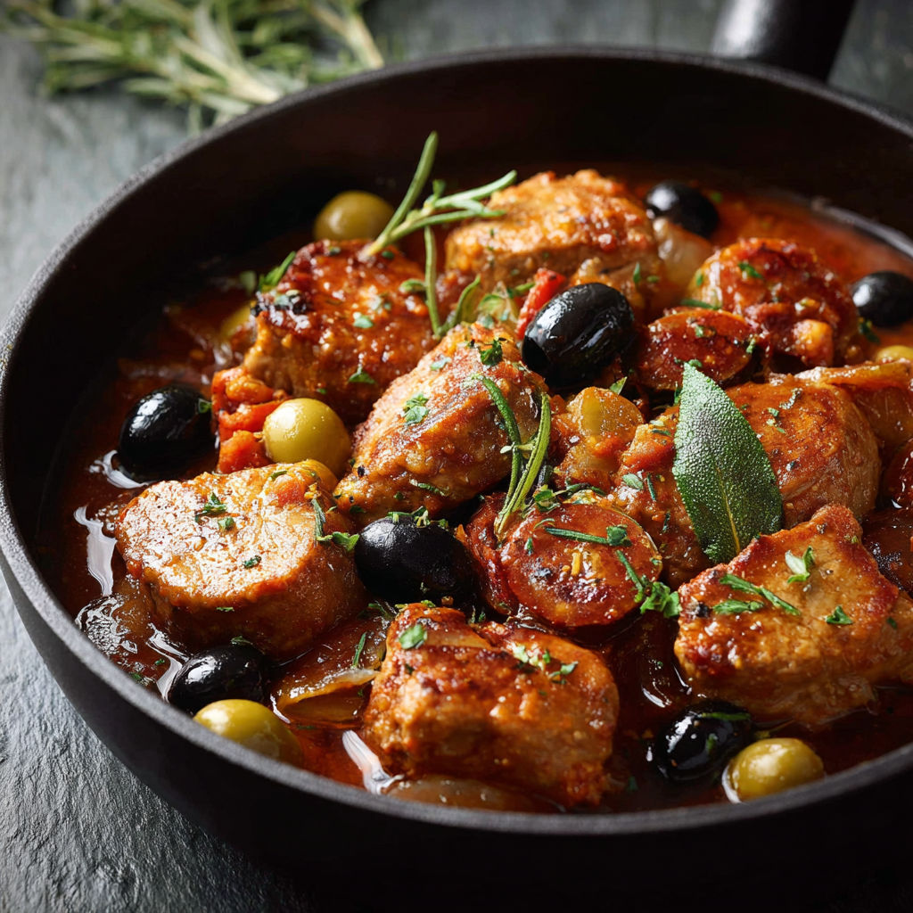 Sauté de chorizo avec olives et herbes.