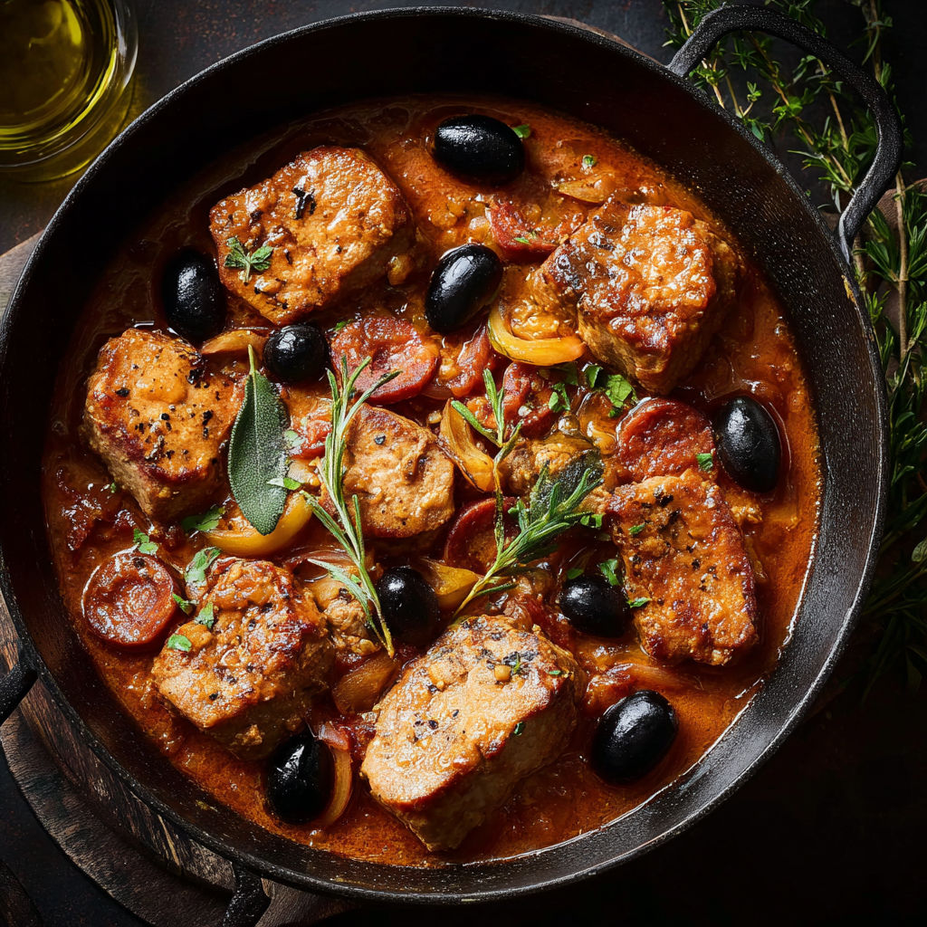 Sauté de chicken avec des olives et des tomates.