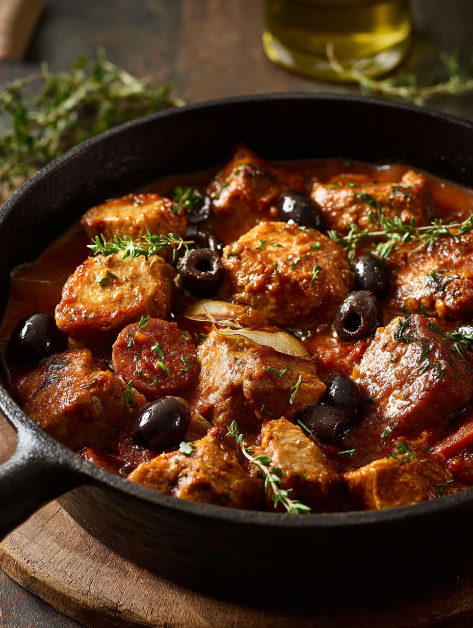 Sauté de chorizo avec des olives et des herbes.