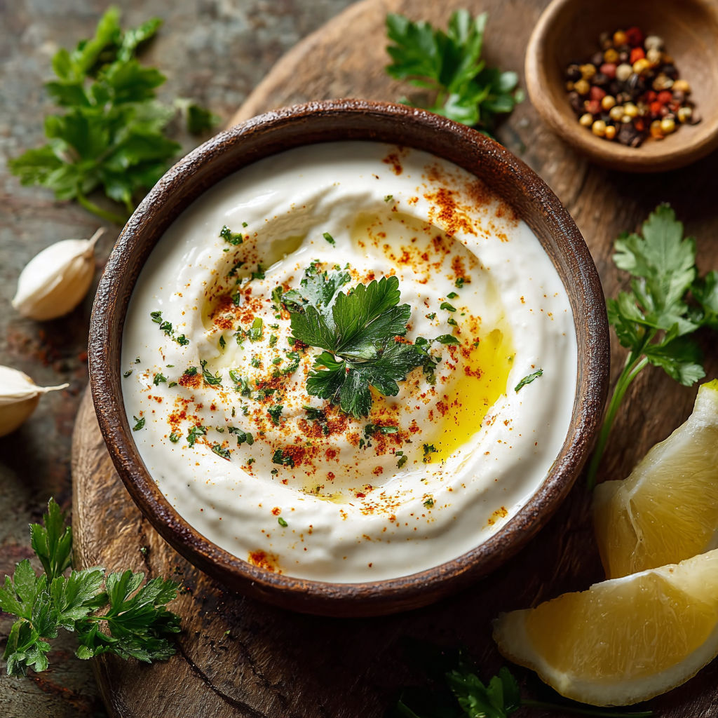 Une sauce shawarma est servie dans un bol en terre, accompagnée de légumes et de pépins d'ail.