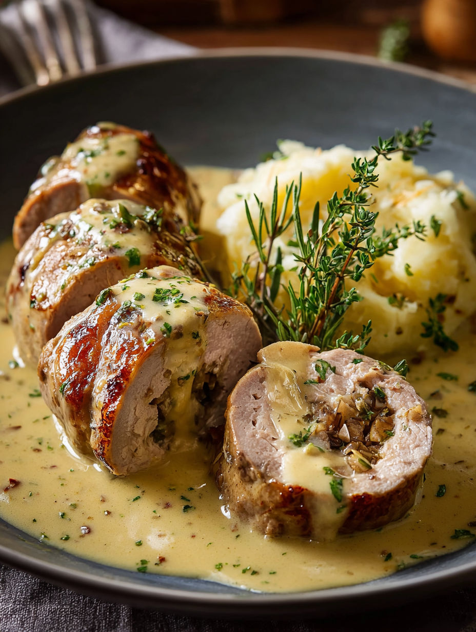 Une recette de garnitures de porc dans une sauce au beurre, accompagnées de pommes de terre et de herbes.