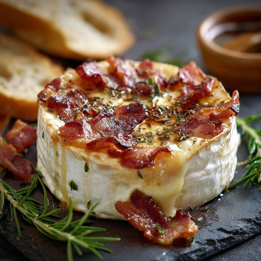 Une camembert riche et savoureuse, garnie de bacon et de herbes, est servie sur une table noire.