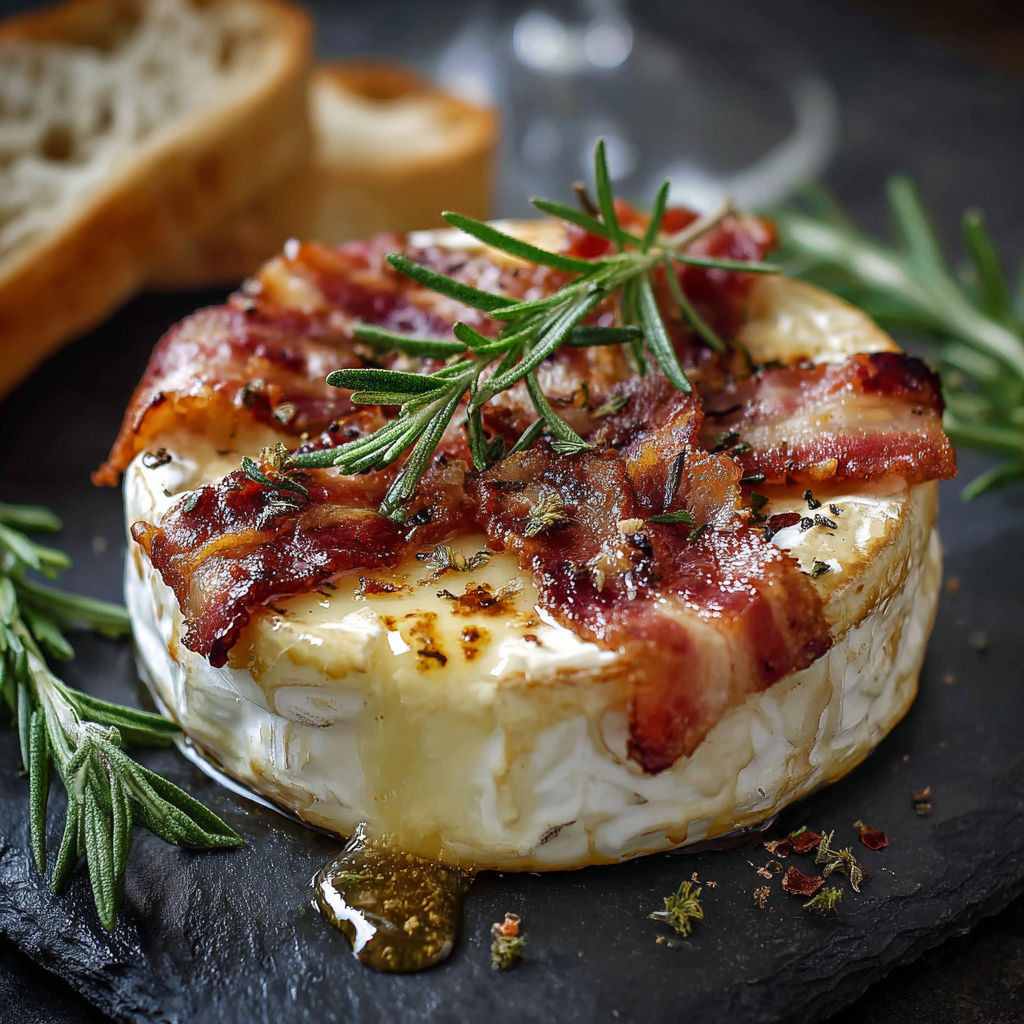 Une tarte au bacon et au fromage, garnie de herbes et de vin.