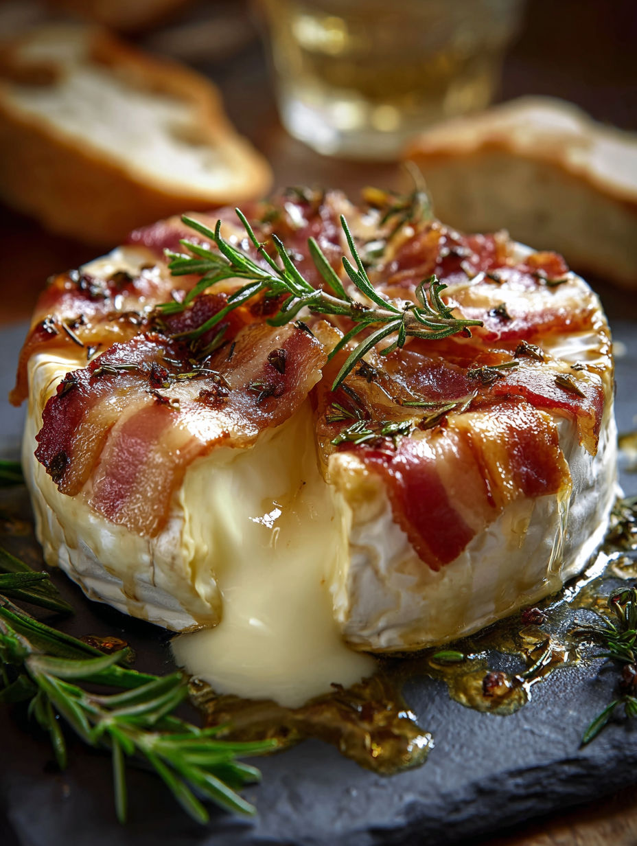 Une tarte au bacon et au fromage, garnie de herbes et de sauce, est servie sur un plateau.