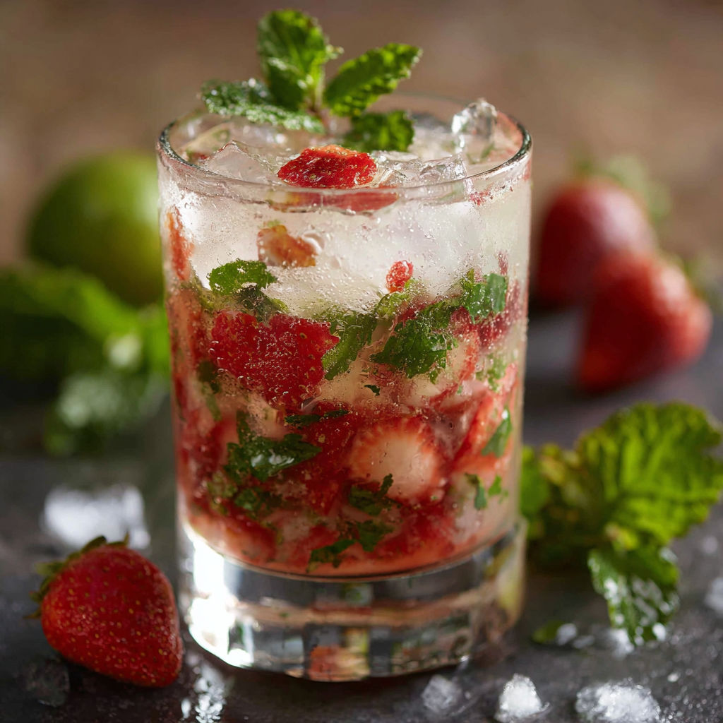 Un verre de Mojito Fraise avec des fraises et des herbes fraîches.