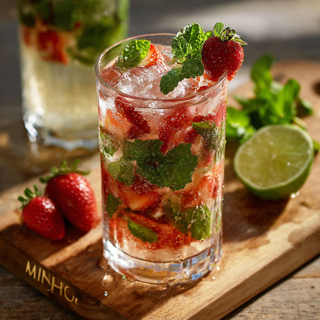 Une boisson fraîche avec des fraises et des feuilles de menthe, prête à être servie.