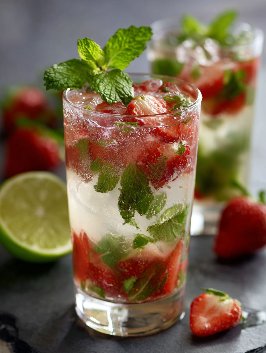 Une boisson fraîche avec des fraises et du menthe, appellée "Strawberry Mint Refresher".