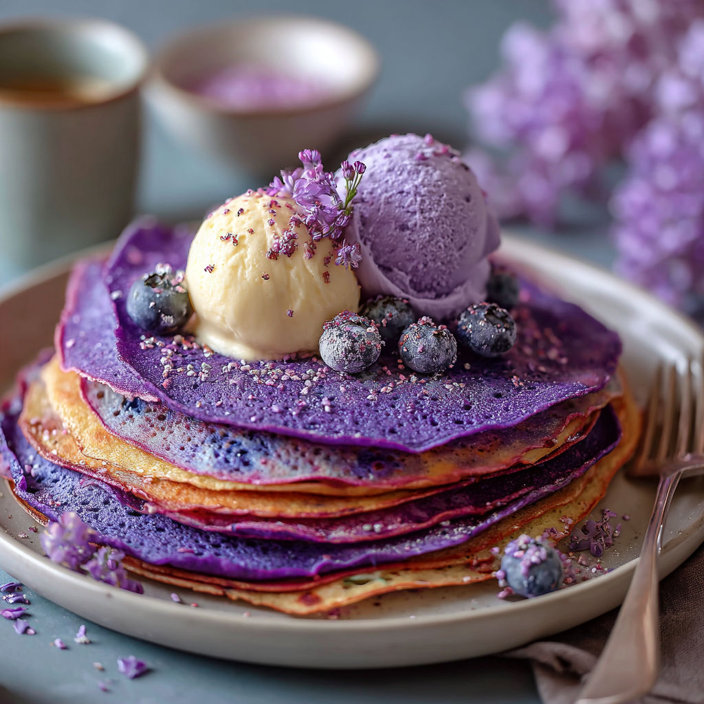 Une crêpe violette avec des baies bleues et des crumbles de violette sur le dessus.