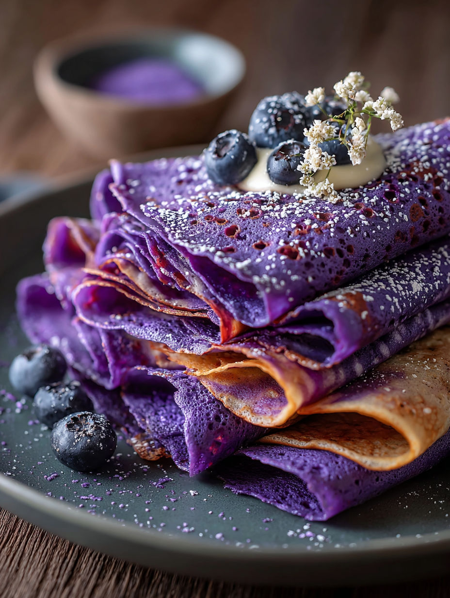 Crêpes violettes sur un plateau avec des baies bleues.