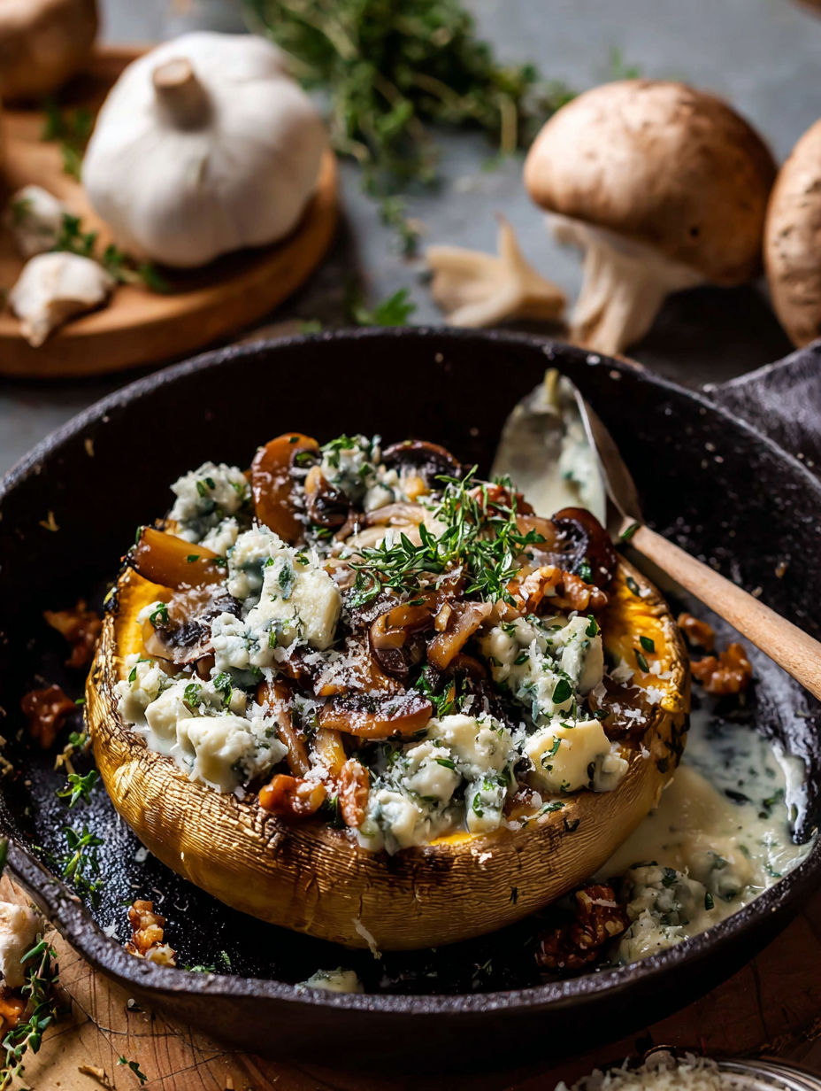 Une poire farcie de mushrooms et de fromage, avec une sauce au yaourt et des herbes.