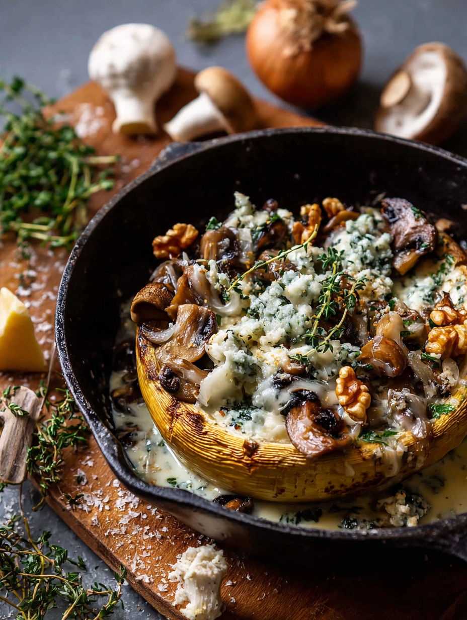 Une recette de casserole de courgette avec des champignons et des noix.