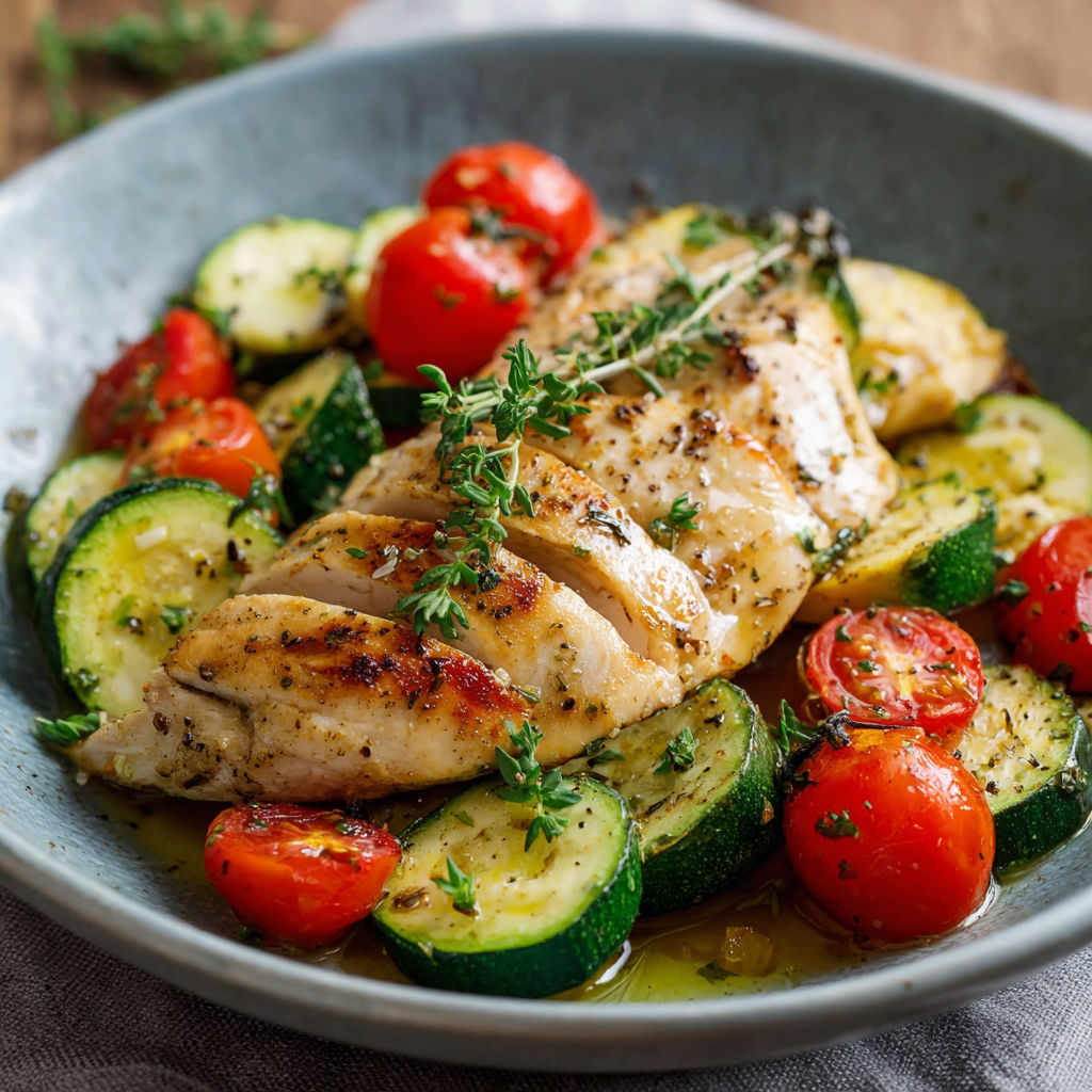 Une assiette de poivrons et de légumes grillés, accompagnés d'un filet de poulet grillé, est servie sur une table.