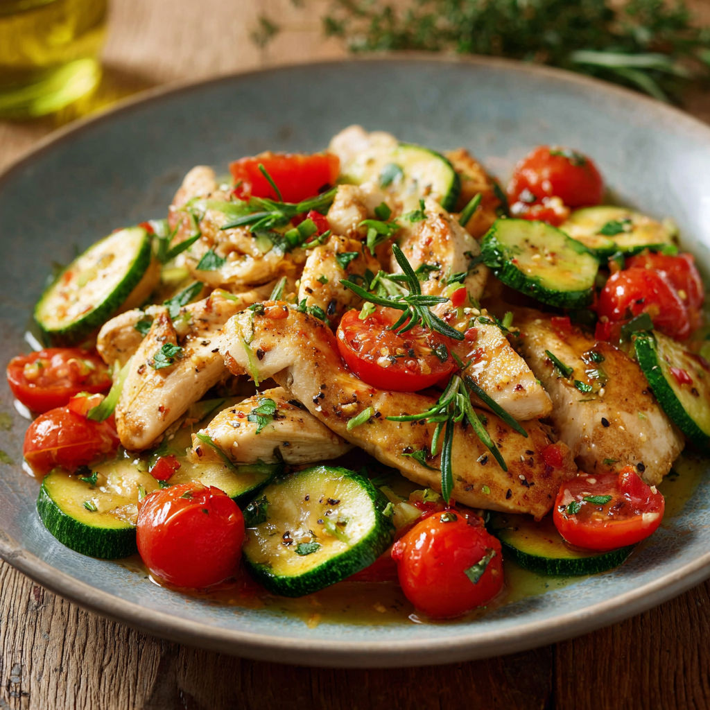 Une salade de poulet et de tomates, avec des herbes et des épices, est servie sur un plateau en céramique.