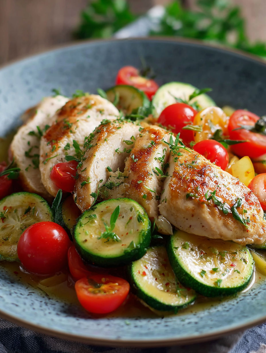Une salade de poulet grillé avec des légumes verts et des tomates.