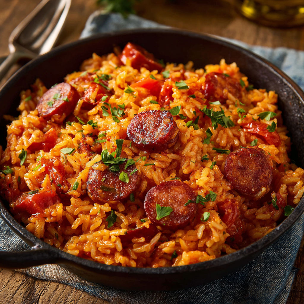 Un plat de riz avec des chorizos et des herbes.