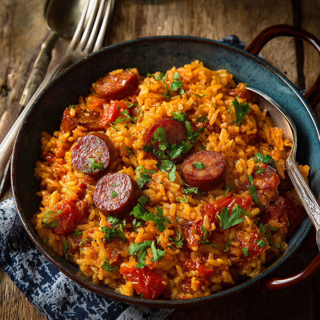Une recette de paella avec des chorizos et des tomates.