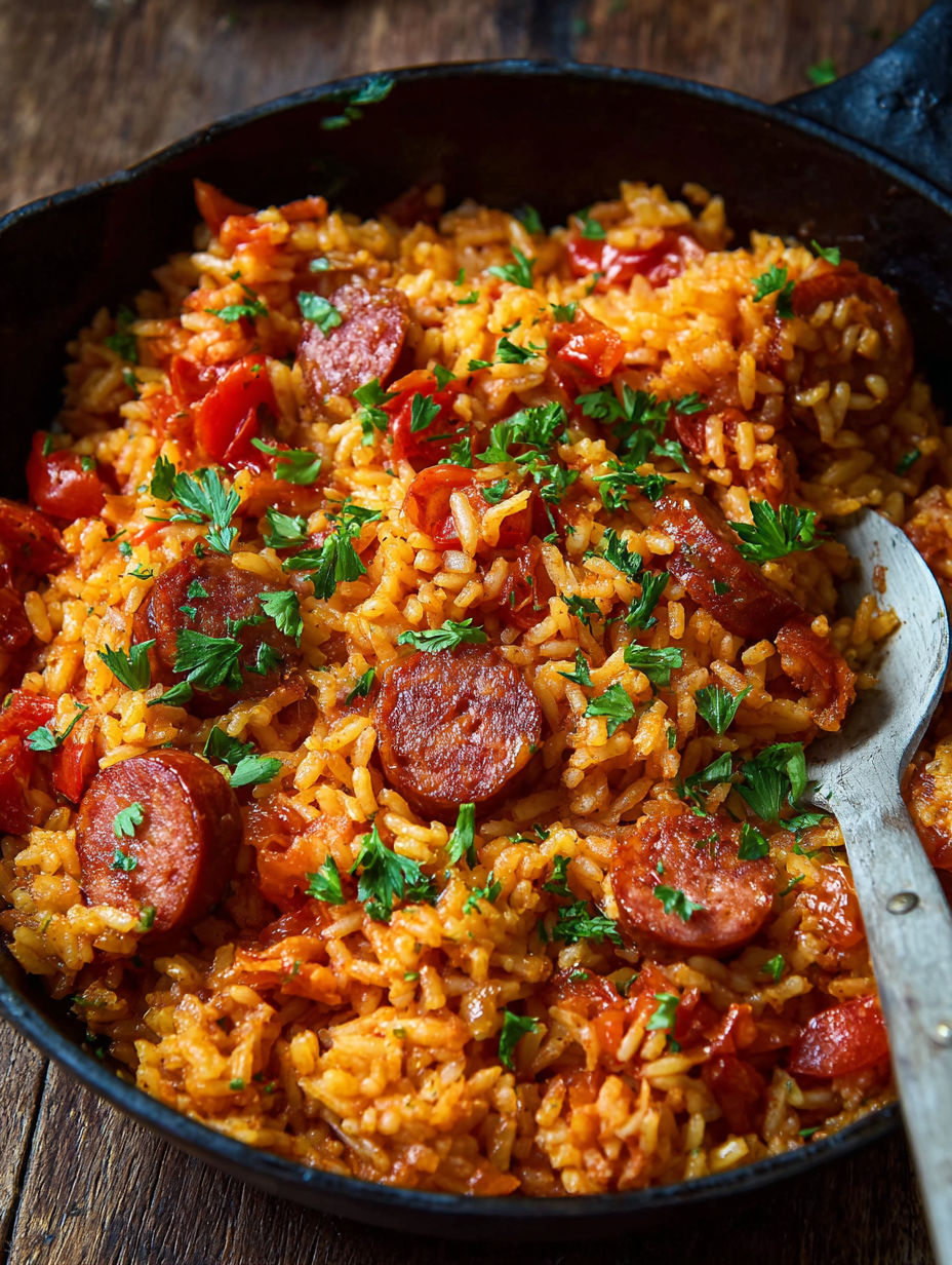Une recette de riz et de sauce tomate avec des lardons et des herbes.