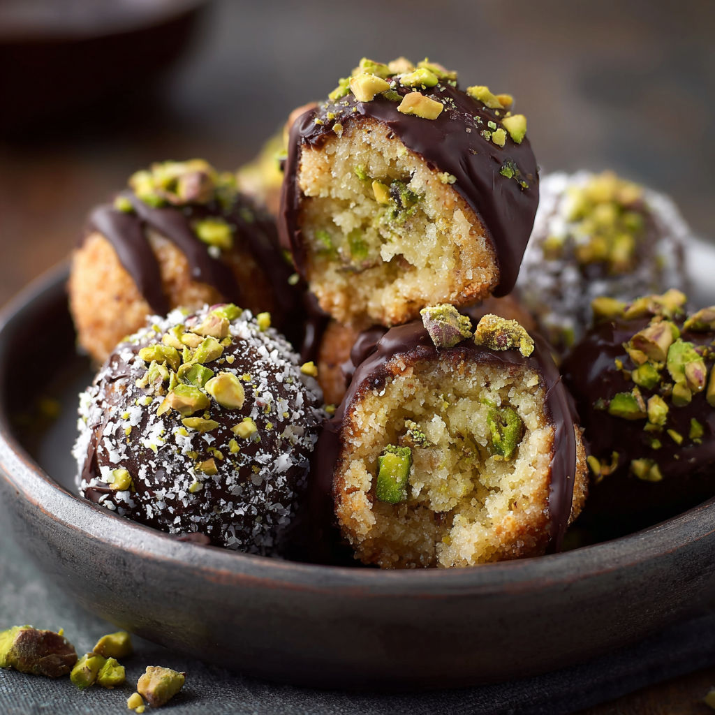 Unsweetened chocolate cake balls with almonds and chocolate drizzle.