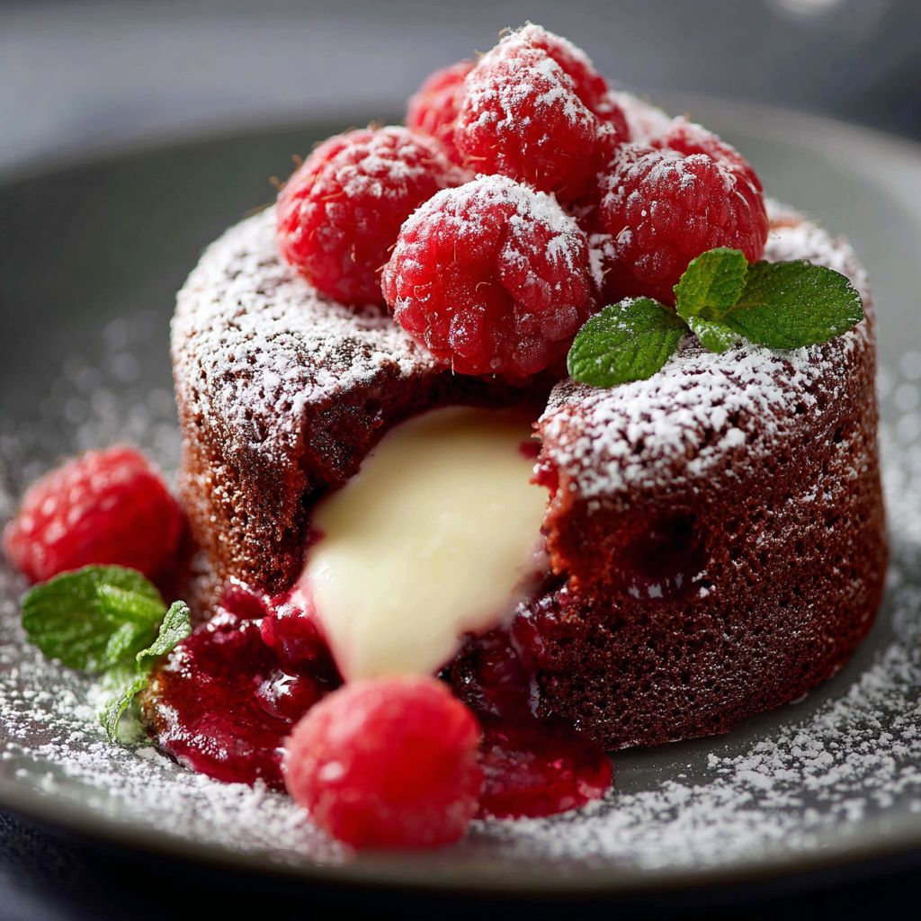 Un dessert Moelleux avec des fraises rouges et des gouttes de crème.
