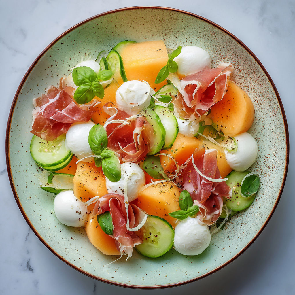 Une salade colorée et délicieuse, composée de cucumbers, de tomates, de bacon, de mozzarella et de basilic, servie dans un bol bleu.