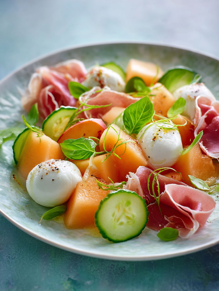 Une salade de fruits et légumes, avec des cucumbers, des tomates, des avocats et des légumes verts, est servie sur un plateau.