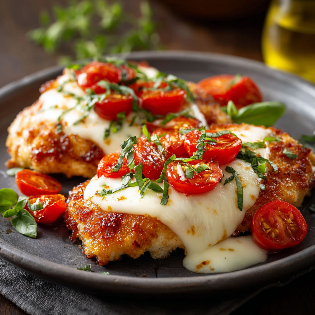 Un escalope de poulet avec des tomates et des herbes, servies sur un plateau noir.
