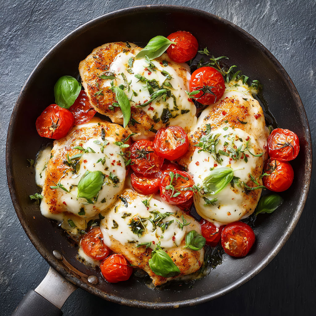 Une poêle contenant des chicken et des tomates.
