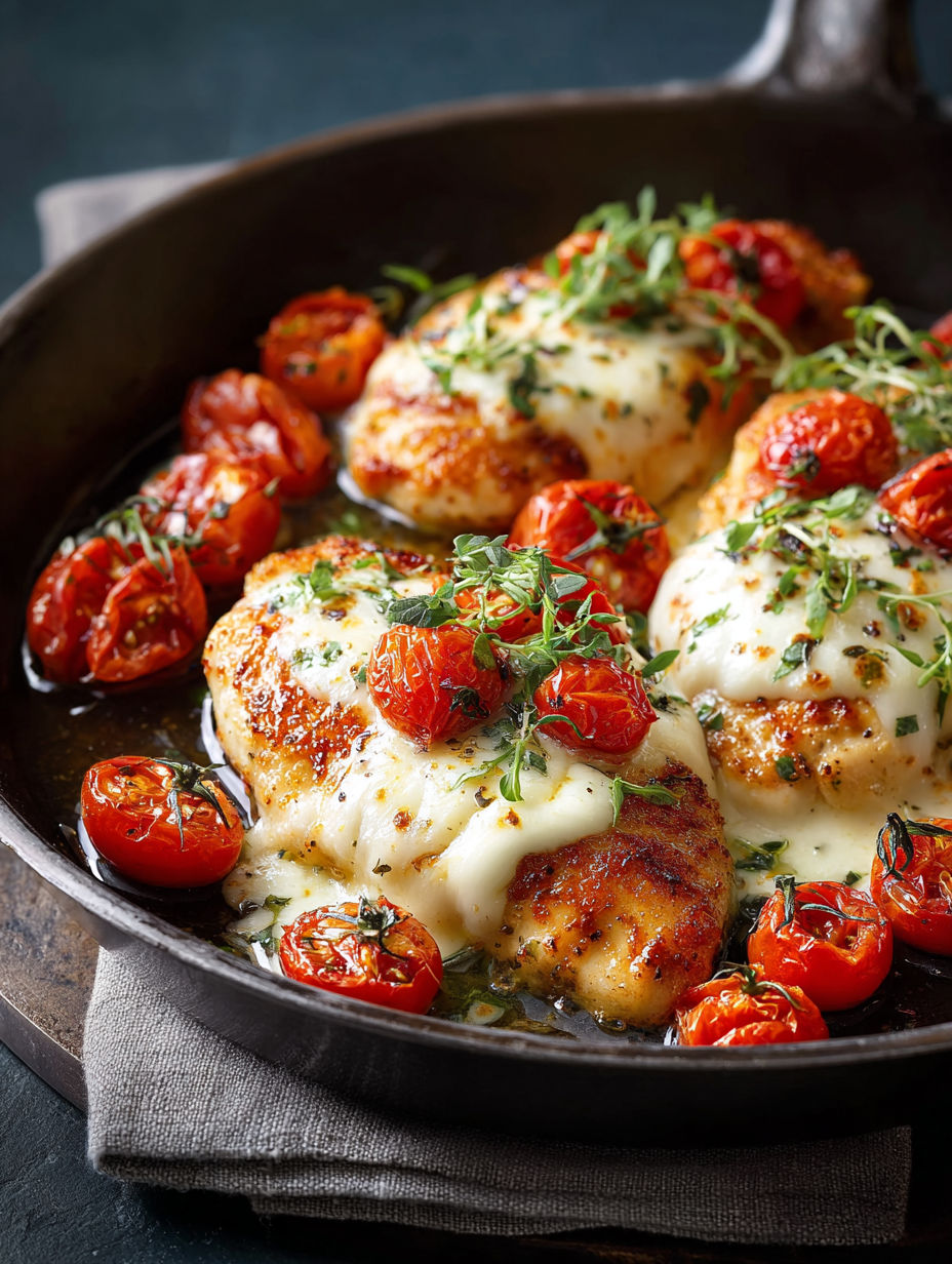 Une recette de poulet grillé avec des tomates et des herbes, servie dans un bol en fer.