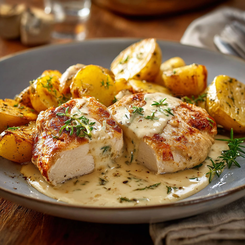 Une recette de poulet grillé avec des pommes de terre et des herbes.