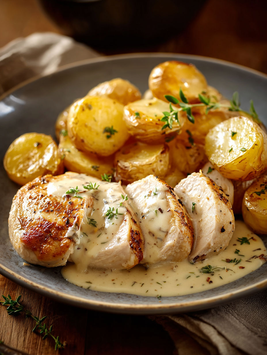 Une recette de poulet avec des pommes de terre et des herbes.