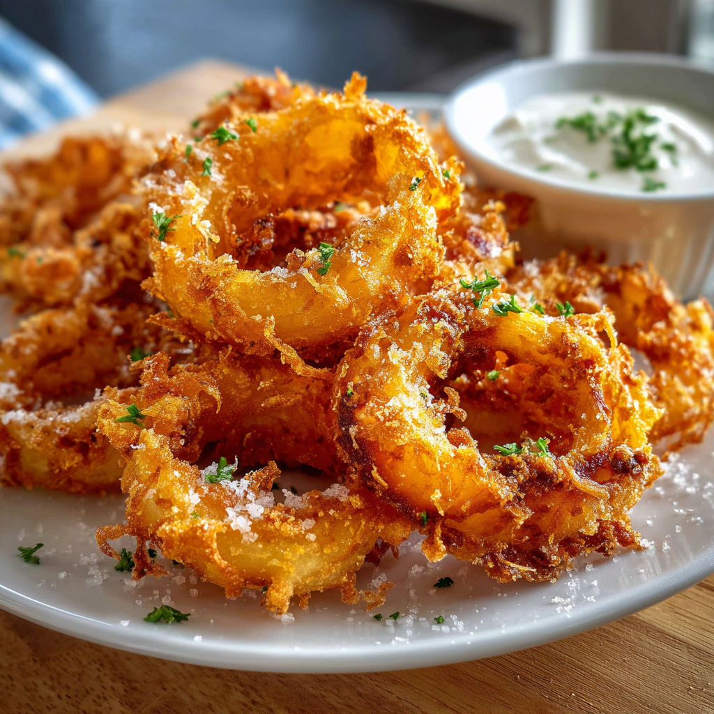 Une plaque de cuisson avec des oignons frits et une sauce.