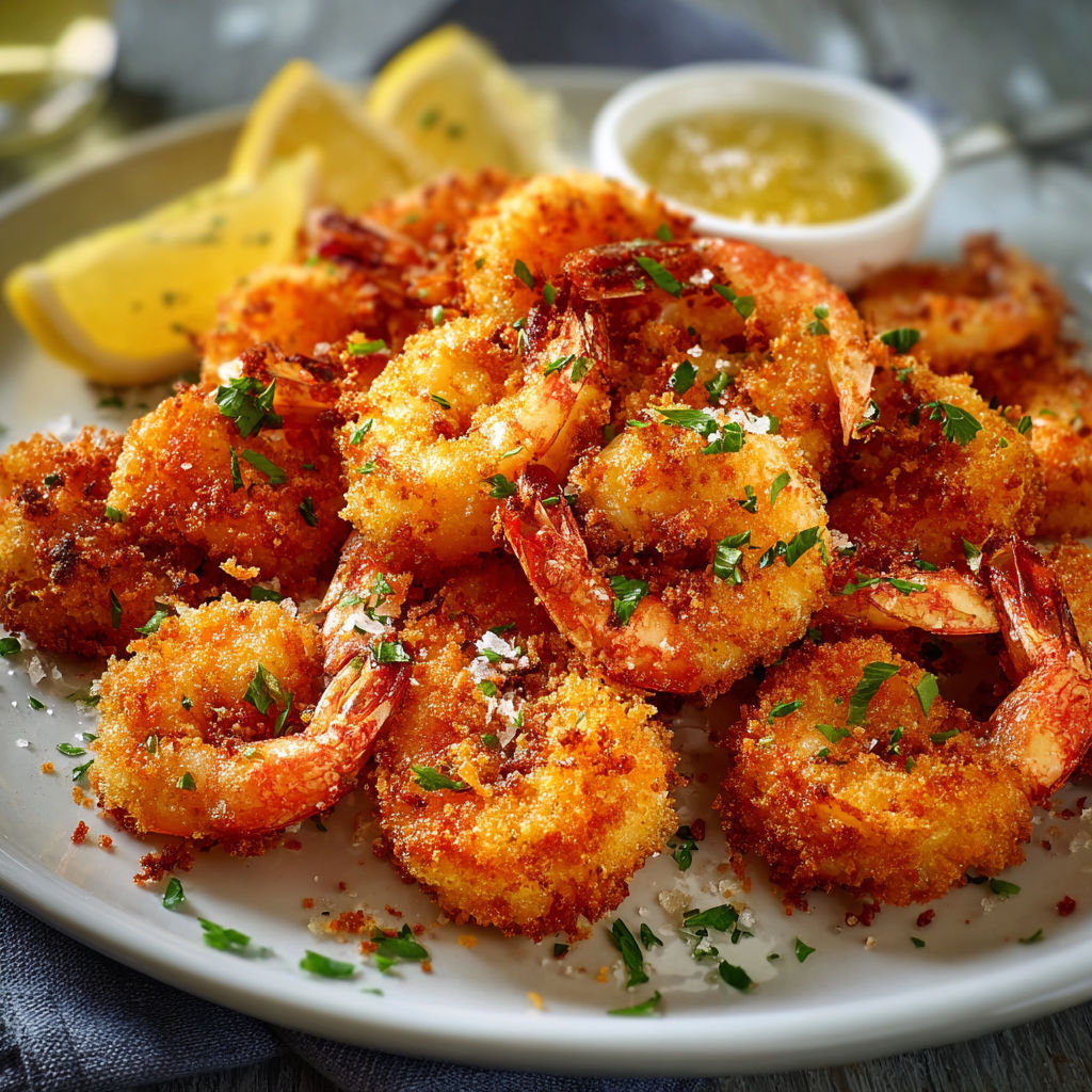 Une plate de crevettes frites avec des citrons et une sauce.