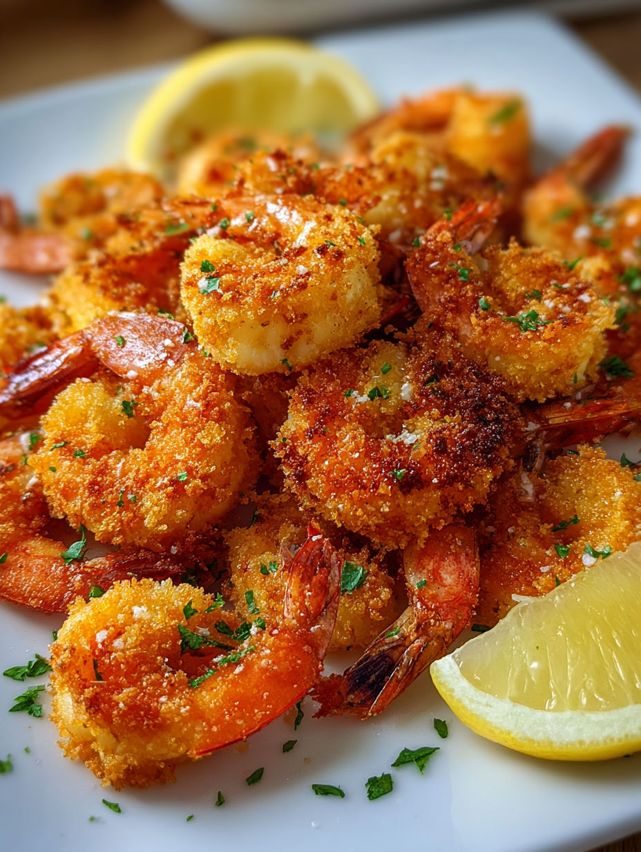 Une pile de langoustines frites avec une citron vert.