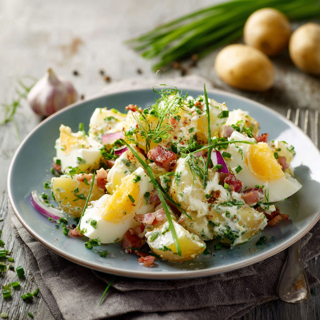 Une salade de pommes de terre et de bacon, garnie de herbes et d'œufs, est servie sur un plateau.