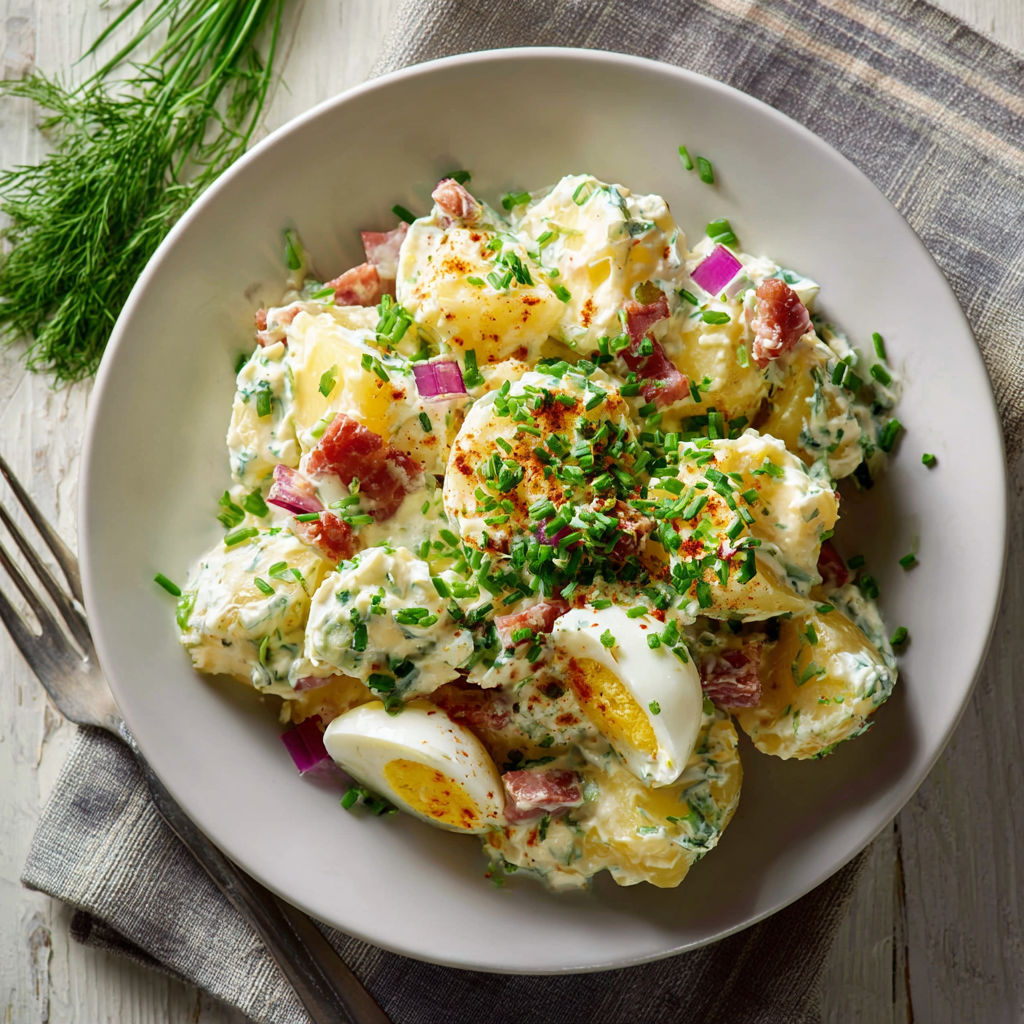 Une salade de pommes de terre et de bacon, avec des oeufs et des herbes, est servie sur un plateau.