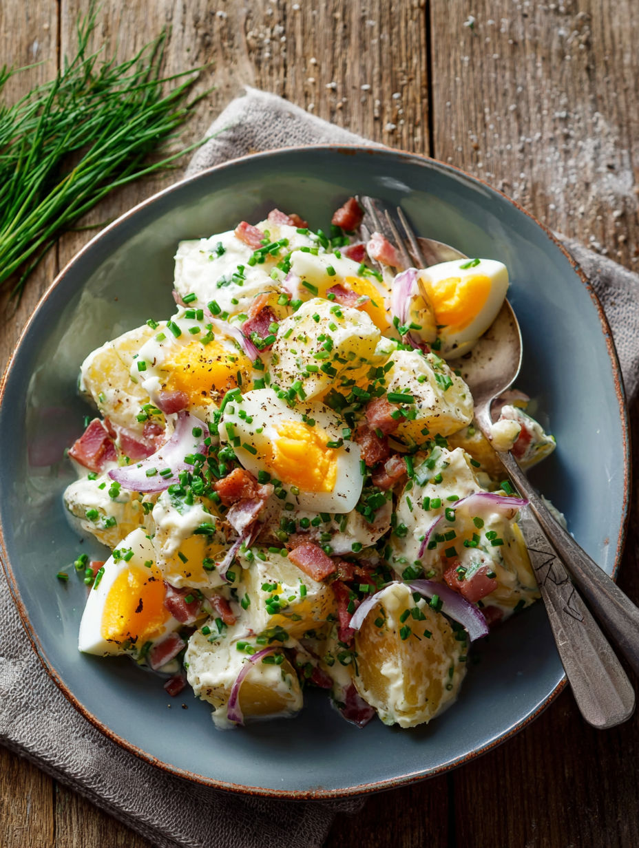 Une salade de poulet et oeufs pochés, avec des herbes fraîches et des légumes, sertie sur un plateau en bois.